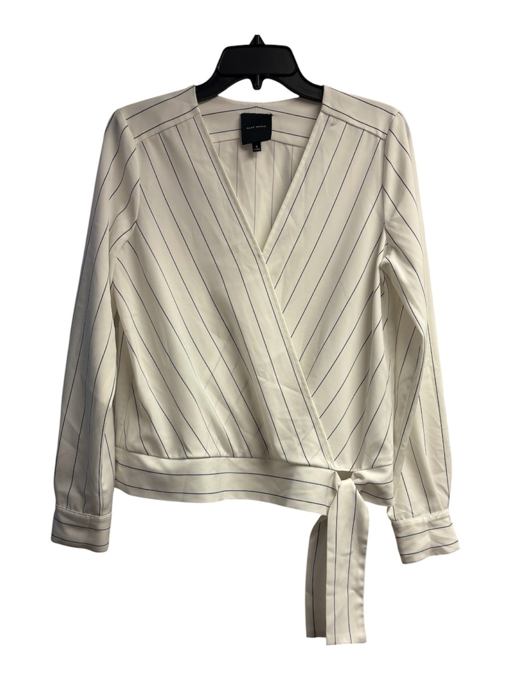 Alex Marie Black/White Pinstripe Wrap Blouse W/ Side Tie Size Small